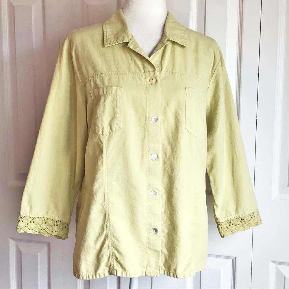 J. Jill Chartreuse Linen & Cotton Blend Lace Sleeve Blouse Large